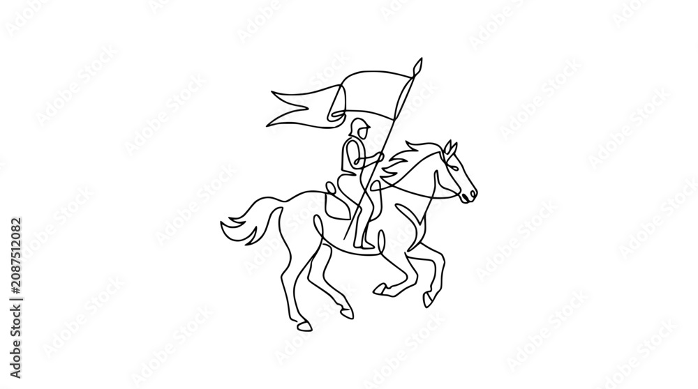 Fototapeta premium One line drawing of a knight on horseback with a flag, symbolizing victory and leadership.