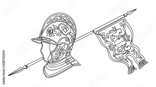 Photos Ornate Knight Helmet with Spear and Heraldic Banner - Vector Line Art