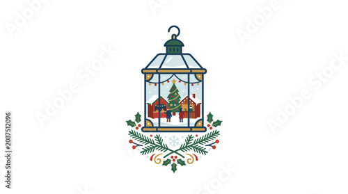 Clean Holiday Lantern with Snowy Christmas Village Scene and Holly Decorations with high quality professional line art symbols for modern creative design and digital branding projects