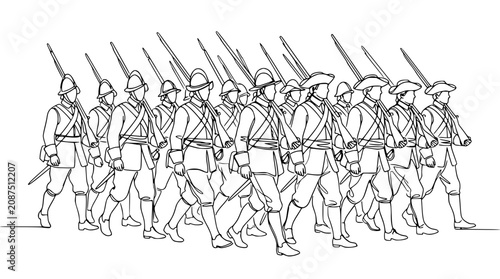 Konstfotografi Line of Soldiers Marching with Rifles, Historical Military Formation, Black and