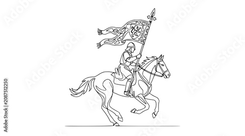 Bild auf Leinwand Medieval Knight on Horseback with Banner, Line Art Illustration