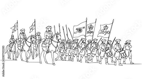 Foto Historical Military Parade: Soldiers and Cavalry with Flags in Line Drawing Styl