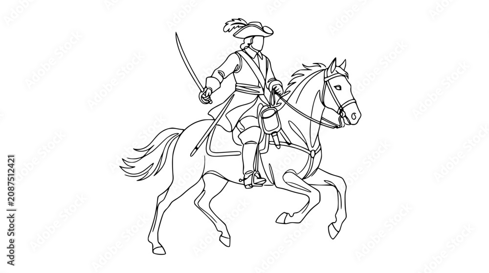 Fototapeta premium Historical Cavalry Officer on Horseback, Drawing