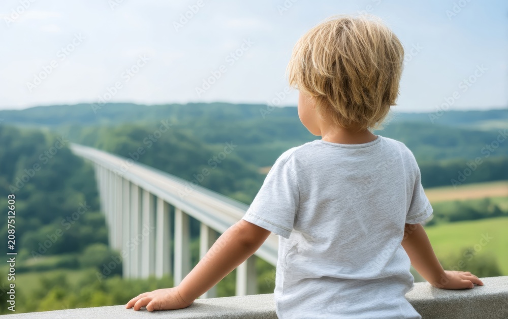 Fototapeta premium Child Observing Distant Train from Bridge Over Lush Green Landscape