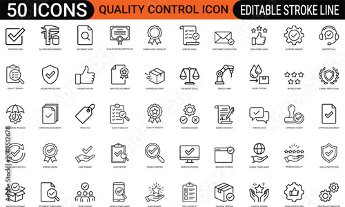 Quality control guarantee line art icons set, standard check, approved badge, certified stamp, shield protection, document audit, product testing, web icon, app icon, outline icon, vector EPS