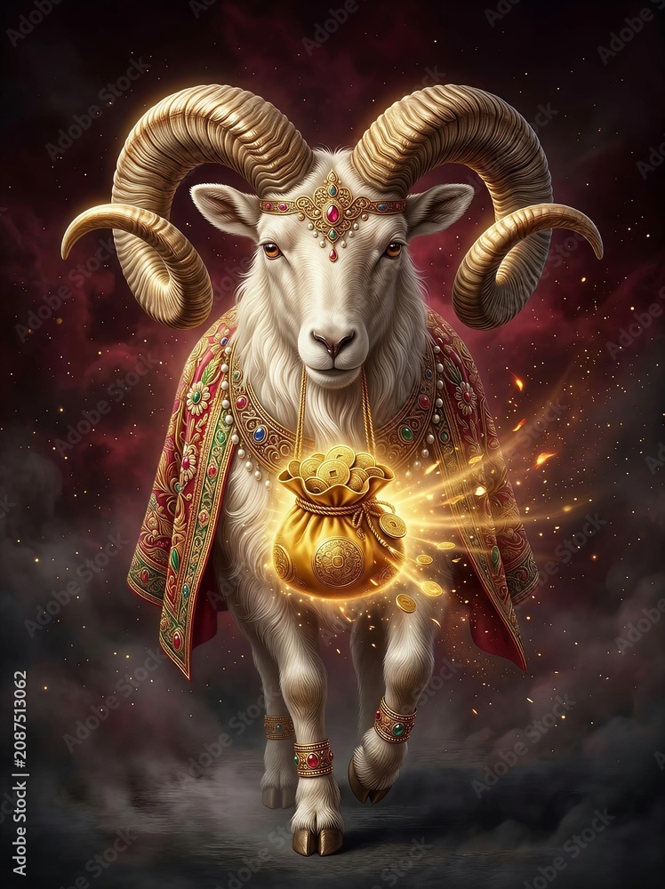 Obraz premium Mythical White Ram Zodiac Animal in Traditional Patterned Cape Holding Sparkling Gold Wealth Pouch