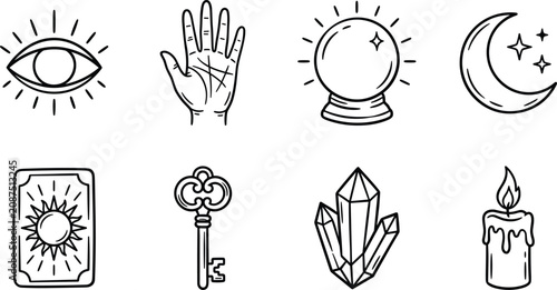 Fotografía Mystical Symbols collection with celestial moon and magic crystal during divinat