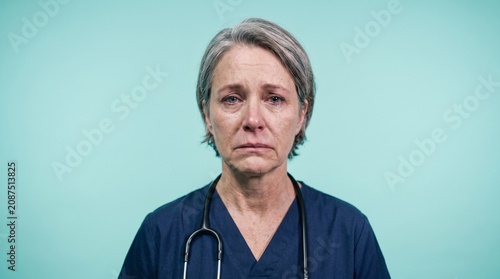 Crying Mature Female Doctor in Blue Scrubs Over Light Teal Background
