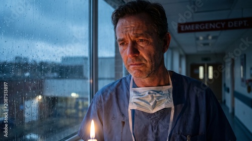 Cinematic Shot of Crying Male Doctor Holding Candle by Rainy Window in Emergency Department