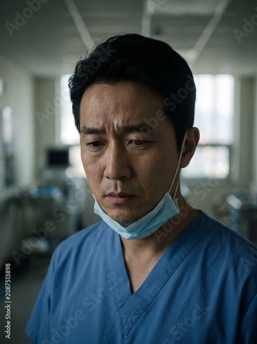 Vertical Close Up Portrait of Sad Asian Male Doctor with Mask Pulled Down in Hospital