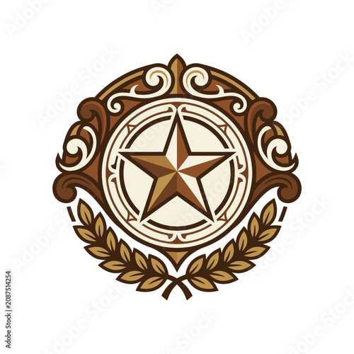 Texas star emblem with laurel wreath and scrolls.