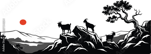 Bild auf Leinwand Wild Goats Standing on Mountain Rocks at Sunset Silhouette