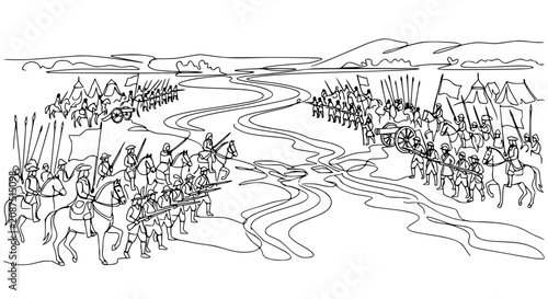 Photos Line Drawing of Historical Battle Scene with Armies, Horses, and Tents by River