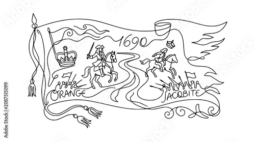 1690 Orange Jacobite Battle Flag Illustration, King William III, King James II, Horseback Riders