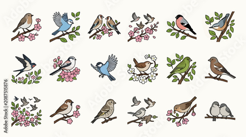 Tableau sur toile Set of 18 Flat Vector Icons of Diverse Birds Perched on Branches with Pink and W