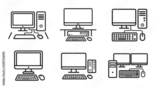 Collection of desktop computer workstation and pc setup line art icons with computer workstation keyboard technology business electronics hardware processor collection minimalist monochrome