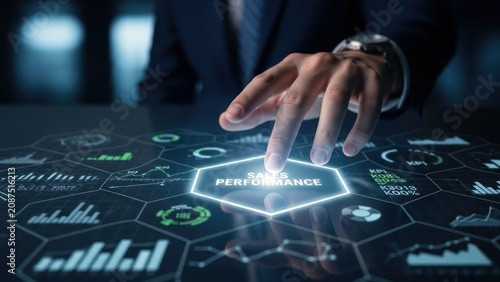 Businessman touching digital sales performance dashboard on futuristic interface, for strategic growth, financial analysis, data driven success, corporate business planning