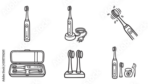 Advanced electric toothbrush and dental cleaning kit vector outline icons with toothbrush electric cleaning orthodontic illustration technology personal accessory equipment brushing bathroom