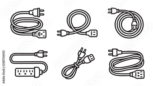 Collection of various power supply cables and electrical extension cords icons with extension electrical electric connector electricity collection illustration isolated monochrome technology