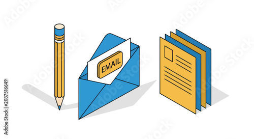 Digital Communication and Office Tools Isometric Illustration.