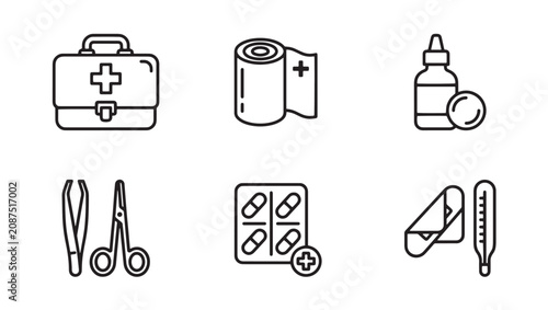 Medical first aid kit and healthcare supplies icon set with healthcare emergency equipment supplies medicine scissors tweezers thermometer capsules treatment illustration collection