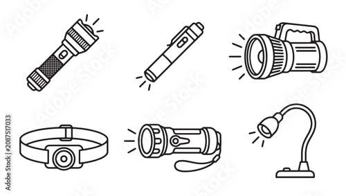 Collection of different flashlight and lighting equipment icons with flashlight lighting illumination emergency portable electric equipment headlamp adventure technology monochrome tactical
