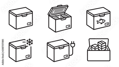 Collection of chest freezer appliances line icons with appliance refrigerator household equipment electric capacity collection monochrome domestic technology preserve temperature