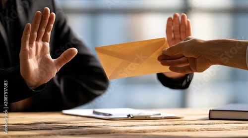 Person in suit refuses envelope offered by another hand