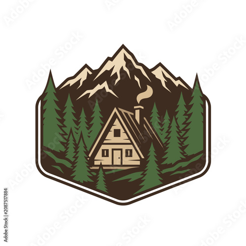 Mountain cabin forest landscape retro badge.