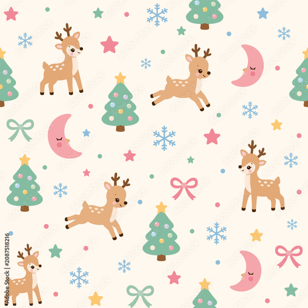 Obraz premium Cute reindeer christmas pattern holiday background winter seamless texture cartoon deer christmas tree snowflake wrapping paper repeating design