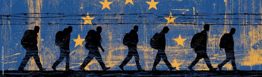 Fototapeta premium Silhouetted travelers with backpacks march across a distressed European flag