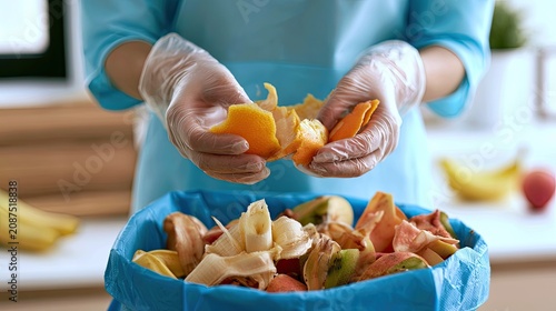 Hands in gloves discard citrus peels into a blue bin of fruit waste