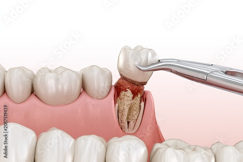 Dental tool extracts damaged tooth from inflamed gum tissue