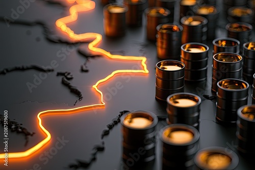 Rows of barrels glow next to a glowing map of earth's oil reserves