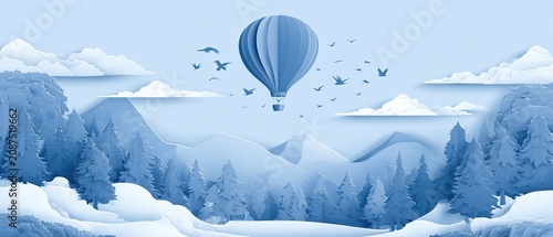 Paper-cut style hot air balloon floats over snowy mountains and pine trees