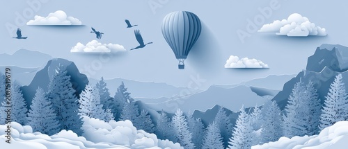 Serene mountain landscape with a hot air balloon and flying birds