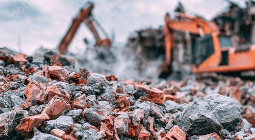 Demolition machines clear rubble and debris from a construction site