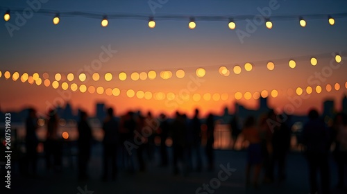 Blurred evening gathering with glowing string lights over a city skyline