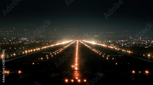 Illuminated runway at night, with distant city lights stretching into the haze