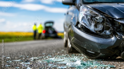 A damaged car rests on asphalt, debris scattered, with people in safety vests behind