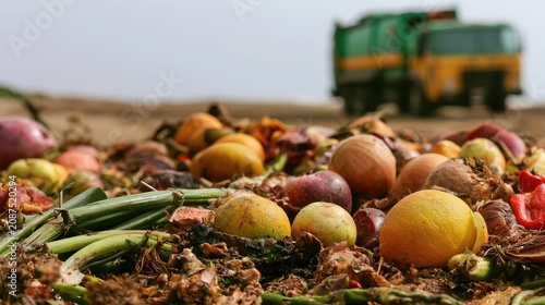 Piled organic waste, including fruits and vegetables, near a large vehicle
