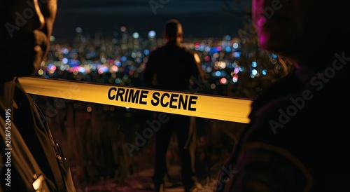 Officials block a city overlook with yellow crime scene tape at night