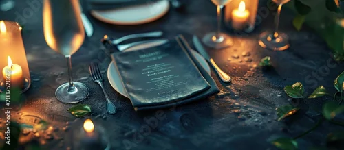 Obraz  z motywem Romantic dinner table setting with candles, wine glass, and a menu.