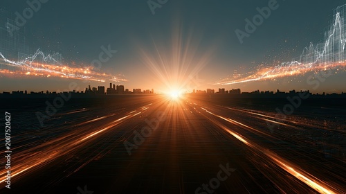Radiant sunrise over futuristic city, streaks of light on highway