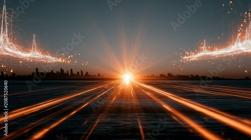 Bright light streaks across dark cityscape, hinting at rapid progress