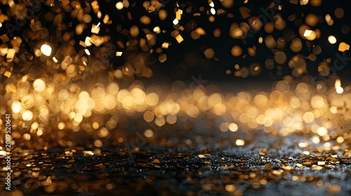 Golden confetti raining down on a dark, reflective surface, creating a celebratory ambiance
