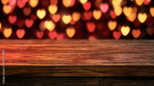 Empty wooden surface in front of a soft, blurred background of glowing heart-shaped lights