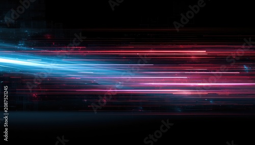 Streaking light trails of blue and red against a dark background