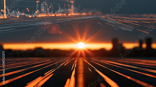 Abstract digital cityscape at sunset with glowing lines and data graphs