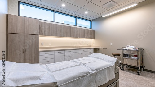 A modern, clean medical examination room with an exam table and storage